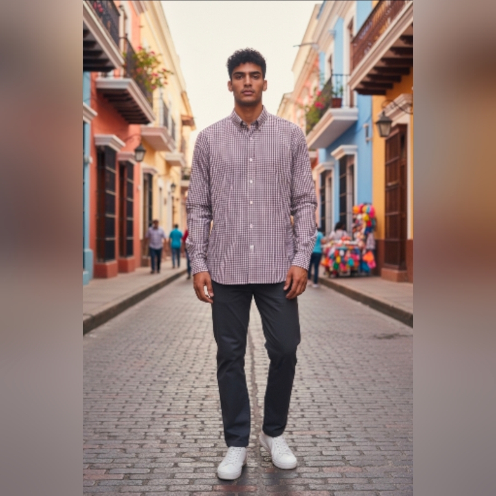 H&M men's long-sleeve button-down shirt in burgundy & white gingham pattern XXL